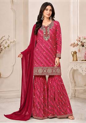 Magenta faux georgette geometric print semi stitched salwar suits 1