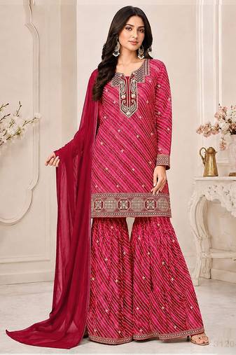 Magenta faux georgette geometric print semi stitched salwar suits