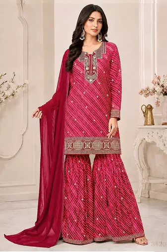 Magenta faux georgette geometric print semi stitched salwar suits