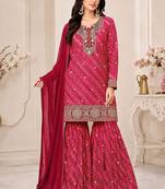 Magenta faux georgette geometric print semi stitched salwar suits