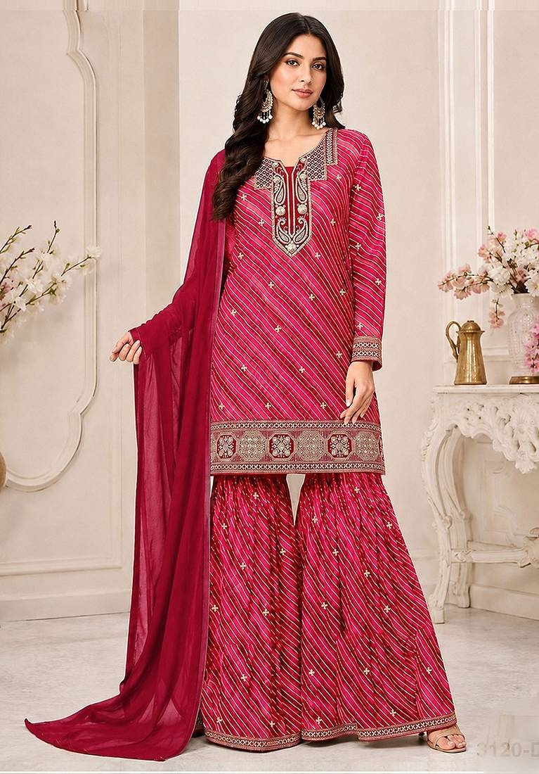 Magenta faux georgette geometric print semi stitched salwar suits