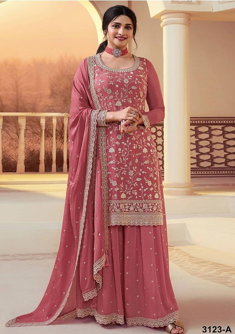 Peach silk blend zari work semi stitched salwar suits
