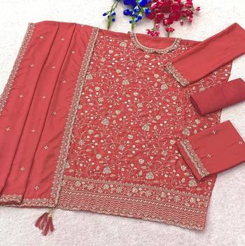 Peach silk blend zari work semi stitched salwar suits 2