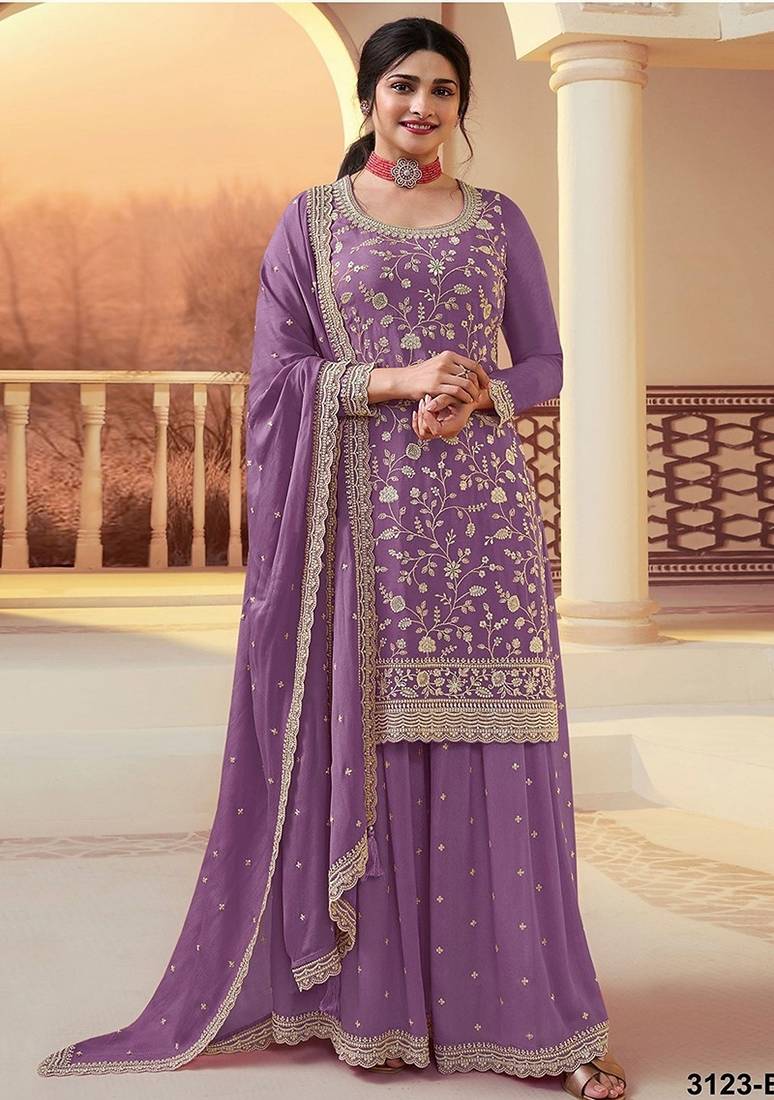Purple silk blend zari work semi stitched salwar suits