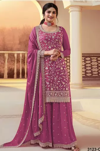Magenta silk blend zari work semi stitched salwar suits