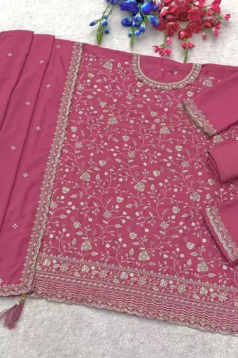 Magenta silk blend zari work semi stitched salwar suits