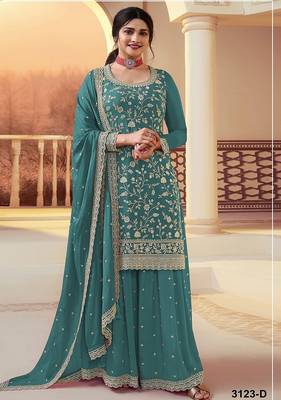 Teal silk blend zari work semi stitched salwar suits 1