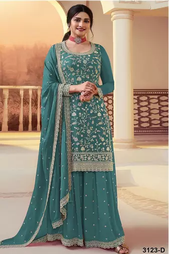 Teal silk blend zari work semi stitched salwar suits