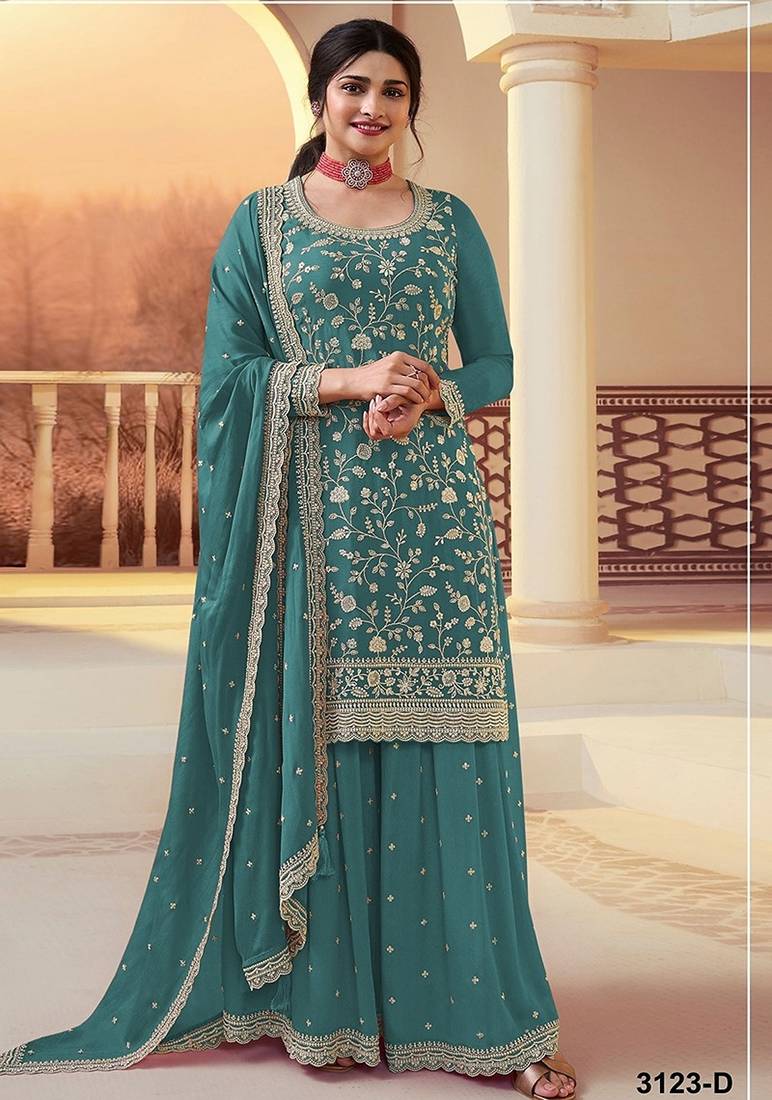 Teal silk blend zari work semi stitched salwar suits