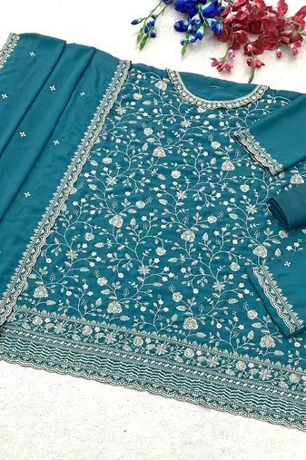 Teal silk blend zari work semi stitched salwar suits