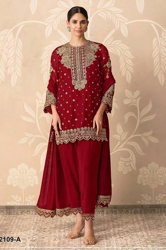 Red georgette sequins work semi stitched salwar suits