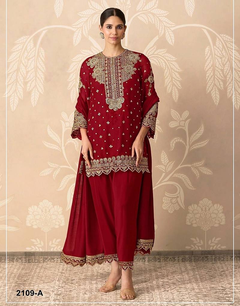Red georgette sequins work semi stitched salwar suits