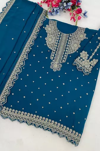 Teal georgette sequins work semi stitched salwar suits