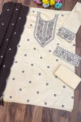 Cream dark brown blended cotton hand embroidery semi stitched salwar suits