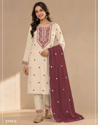Cream deep wine blended cotton hand embroidery semi stitched salwar suits 1