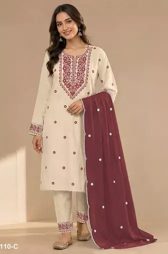 Cream deep wine blended cotton hand embroidery semi stitched salwar suits