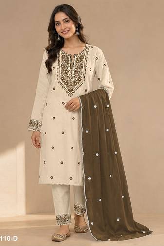 Cream mehendi blended cotton hand embroidery semi stitched salwar suits
