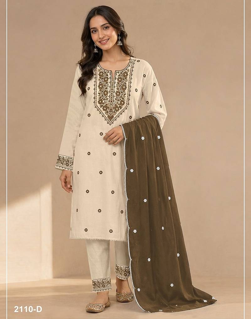 Cream mehendi blended cotton hand embroidery semi stitched salwar suits