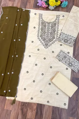 Cream mehendi blended cotton hand embroidery semi stitched salwar suits