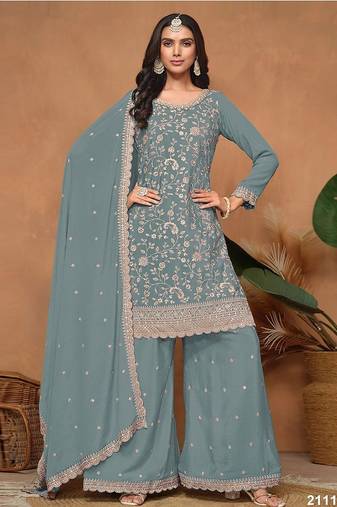 Dusty grey silk blend floral print semi stitched salwar suits