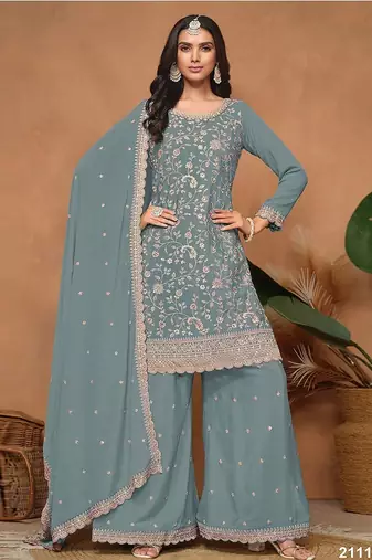 Dusty grey silk blend floral print semi stitched salwar suits