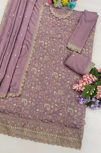 Lavender silk blend floral print semi stitched salwar suits