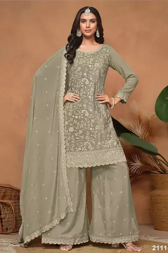 Olive green silk blend floral print semi stitched salwar suits