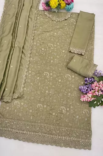 Olive green silk blend floral print semi stitched salwar suits