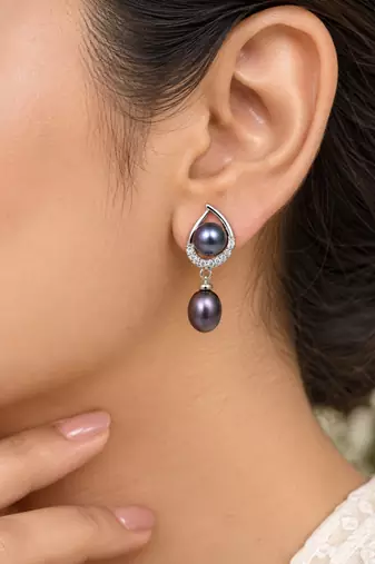Certified natural freshwater pearls jewellery natural pearls black freshwater pearl drop earrings, 22x10 mm