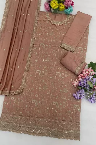 Onion pink silk blend floral print semi stitched salwar suits