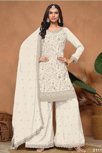 Off white silk blend floral print semi stitched salwar suits