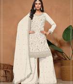 Off white silk blend floral print semi stitched salwar suits