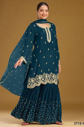 Teal georgette zari work semi stitched salwar suits