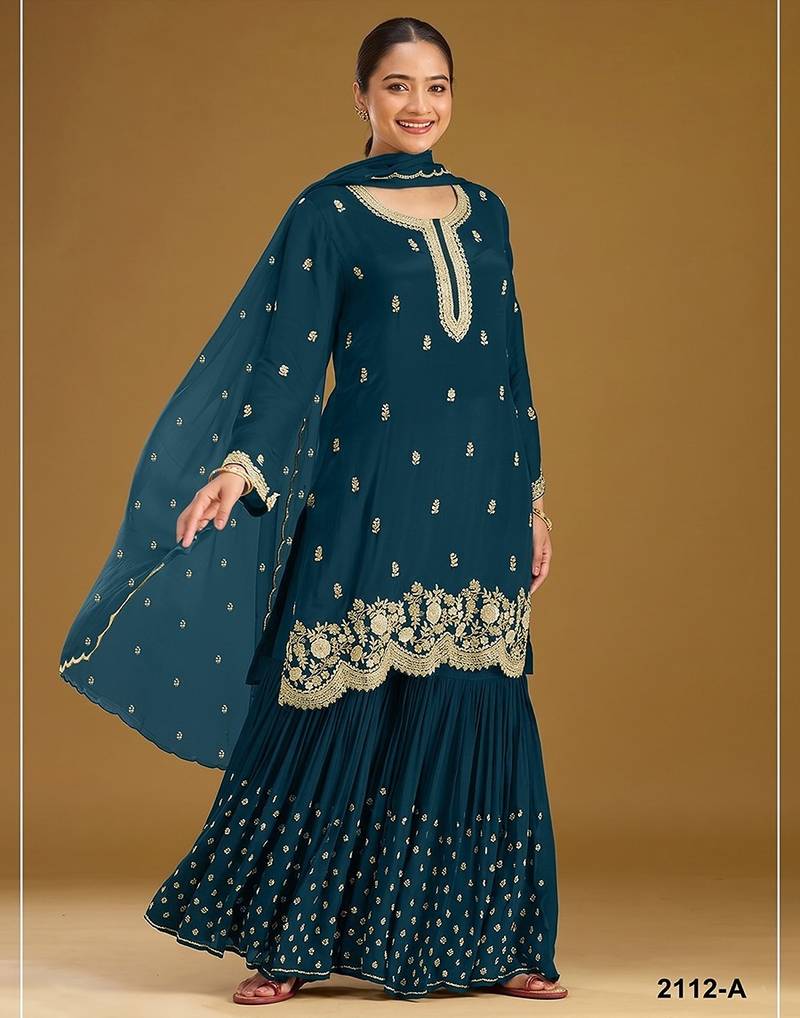 Teal georgette zari work semi stitched salwar suits