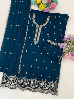 Teal georgette zari work semi stitched salwar suits 2
