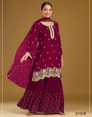 Burgundy georgette zari work semi stitched salwar suits 1
