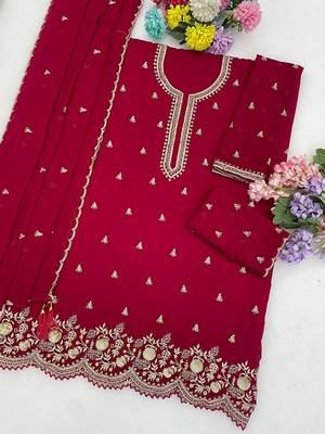 Burgundy georgette zari work semi stitched salwar suits 2