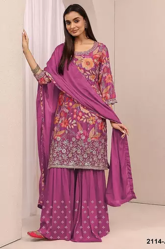 Pink silk blend floral print semi stitched salwar suits