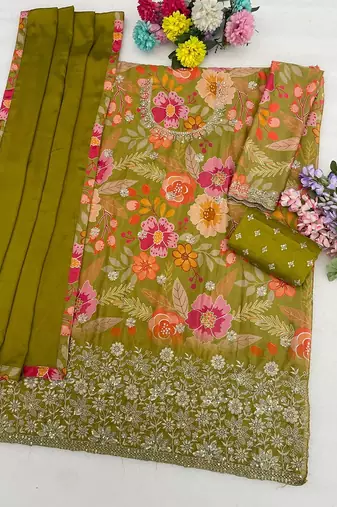 Mehendi green silk blend floral print semi stitched salwar suits