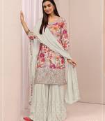 Off white silk blend floral print semi stitched salwar suits