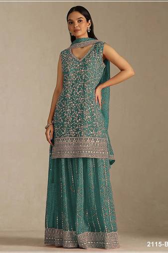 Sea green faux georgette geometric print semi stitched salwar suits