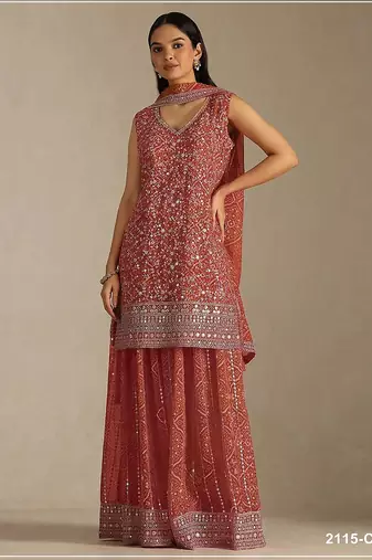 Rust orange faux georgette geometric print semi stitched salwar suits