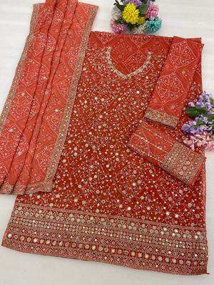 Rust orange faux georgette geometric print semi stitched salwar suits 2