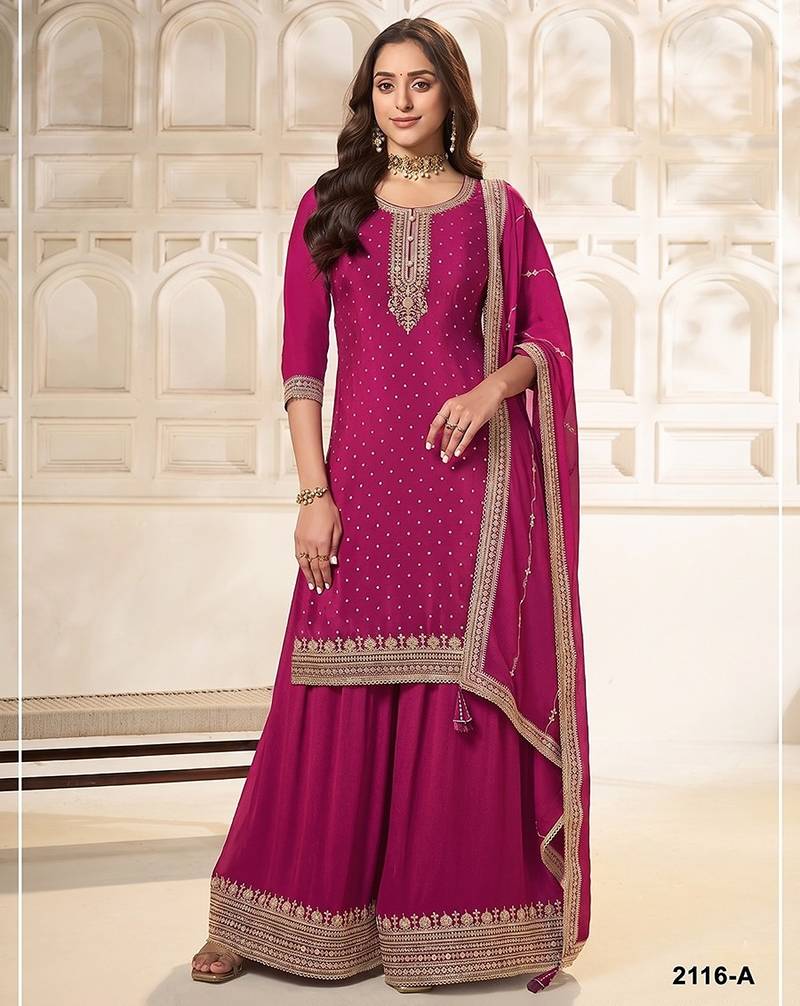 Magenta pink silk blend sequins work semi stitched salwar suits