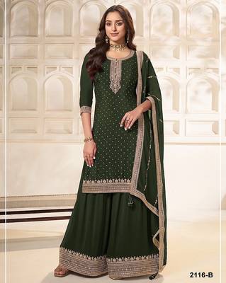 Bottle green silk blend sequins work semi stitched salwar suits 1