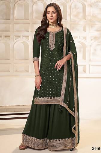 Bottle green silk blend sequins work semi stitched salwar suits