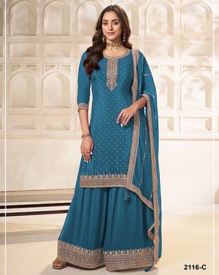 Peacock blue silk blend sequins work semi stitched salwar suits 1