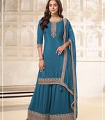 Peacock blue silk blend sequins work semi stitched salwar suits