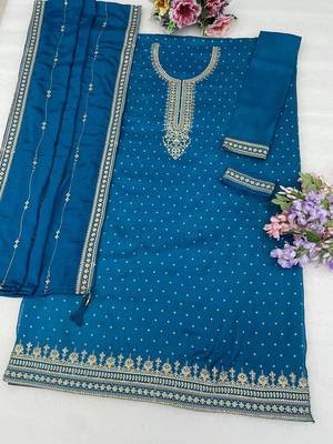 Peacock blue silk blend sequins work semi stitched salwar suits 2