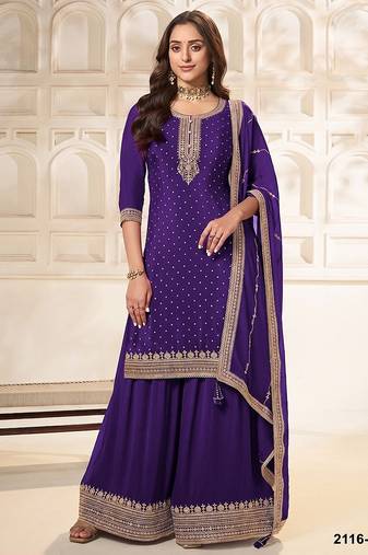 Dark purple silk blend sequins work semi stitched salwar suits